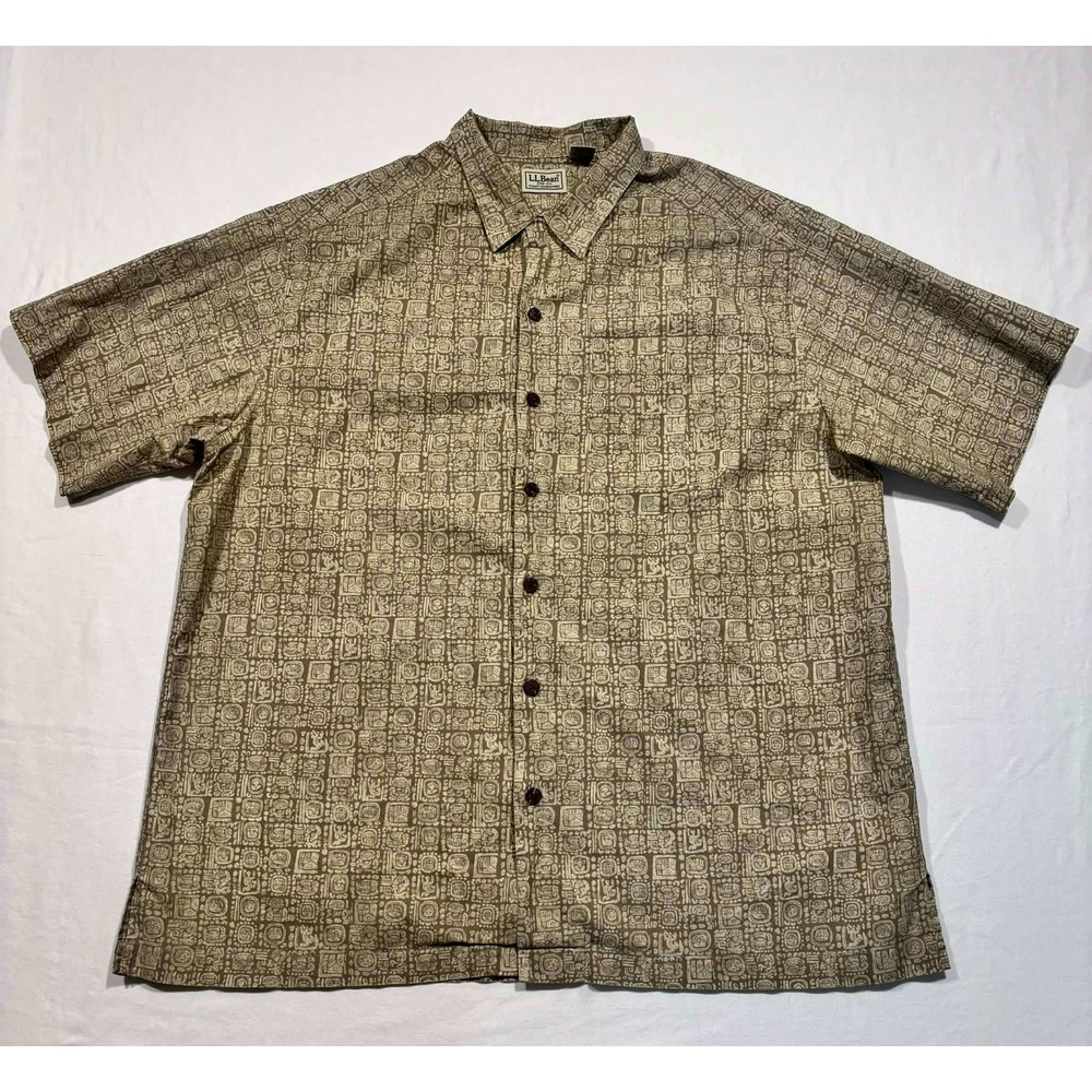 LL Bean Mens Large Mayan Aztec Glyph Print Cotton Short Sleeve Button Up Shirt